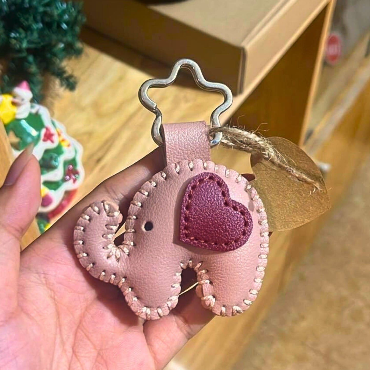 Handmade Leather Elephant Keychain – With Heart Detail