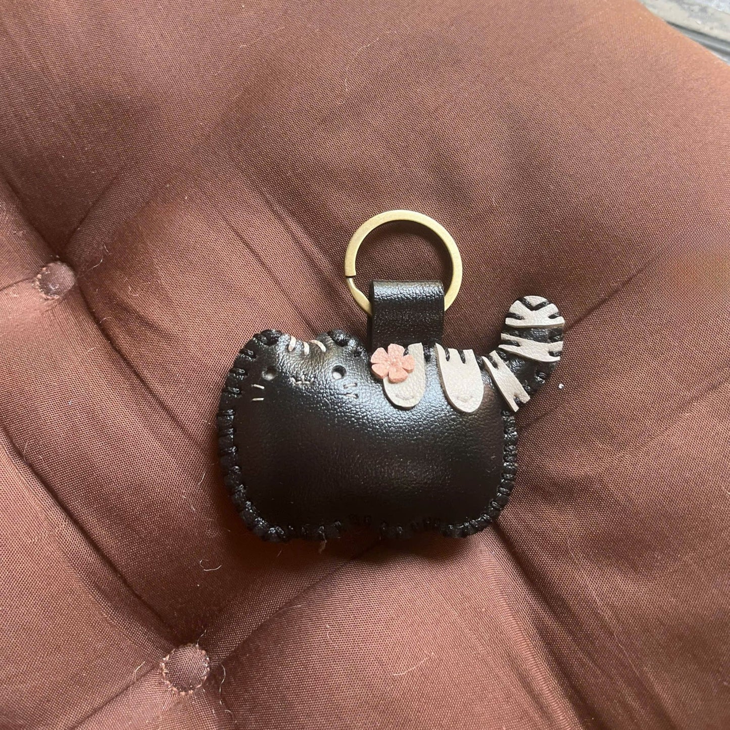 Handmade Leather Cat Keychain with flower