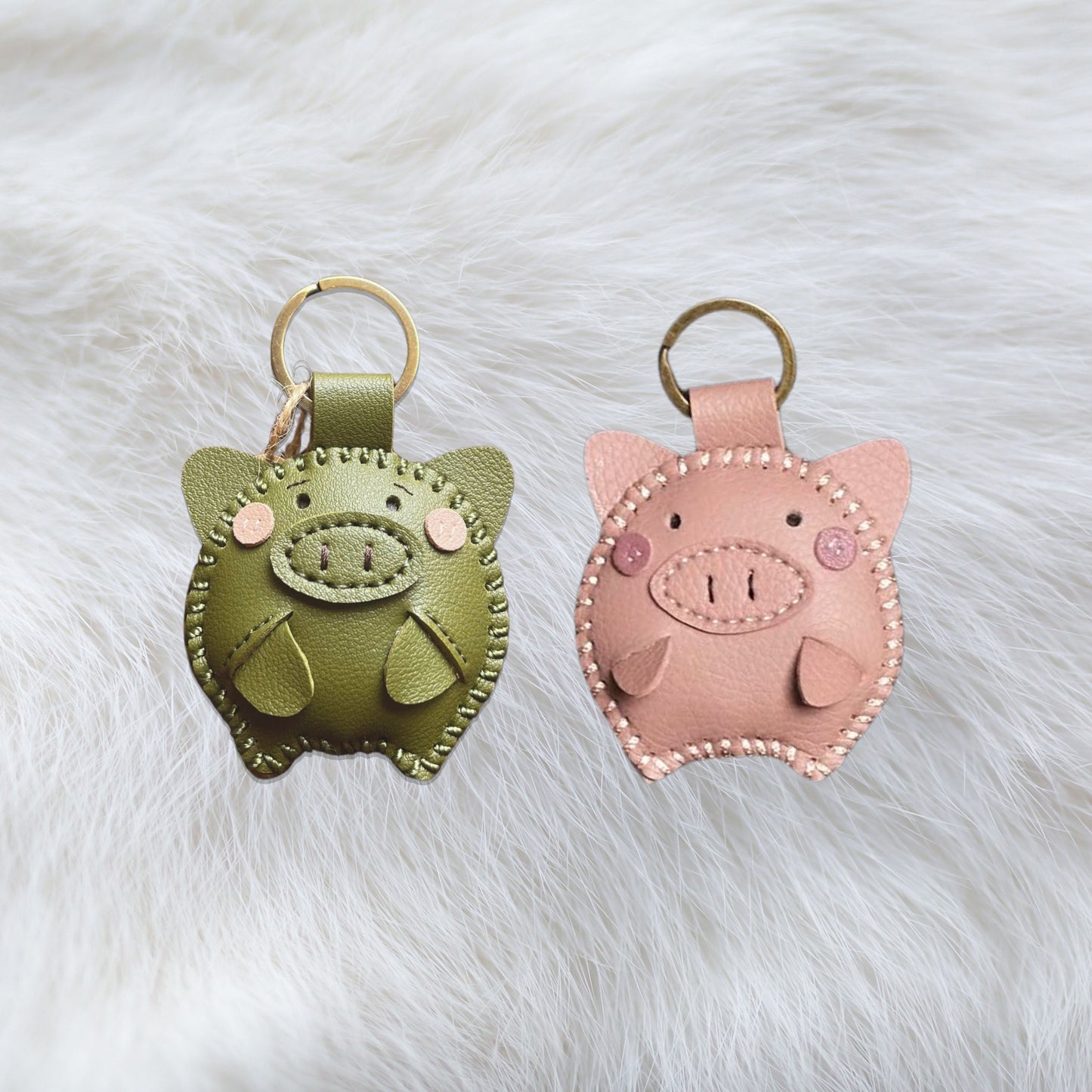 Handmade Leather Piggy Couple Keychains