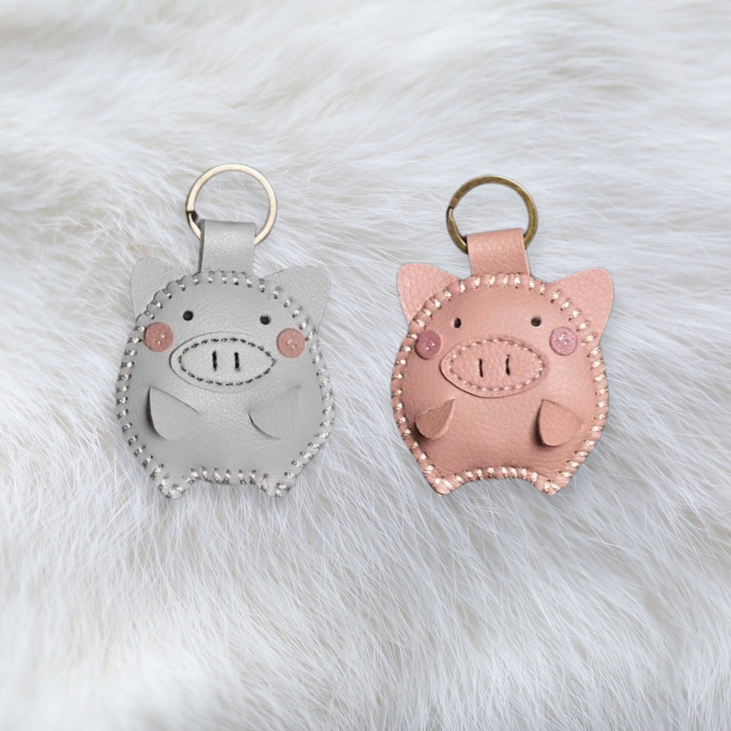 Handmade Leather Piggy Couple Keychains