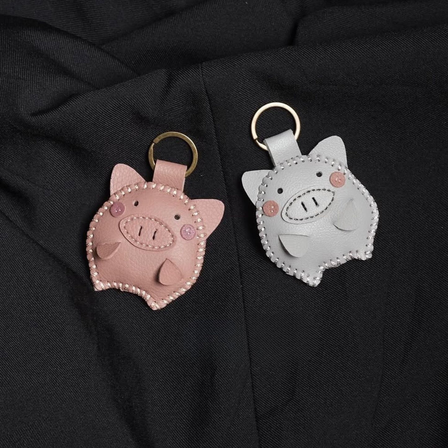 Handmade Leather Piggy Couple Keychains