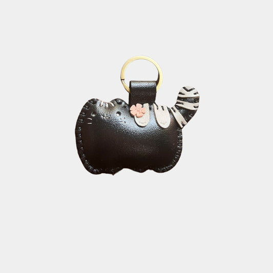 Handmade Leather Cat Keychain with flower