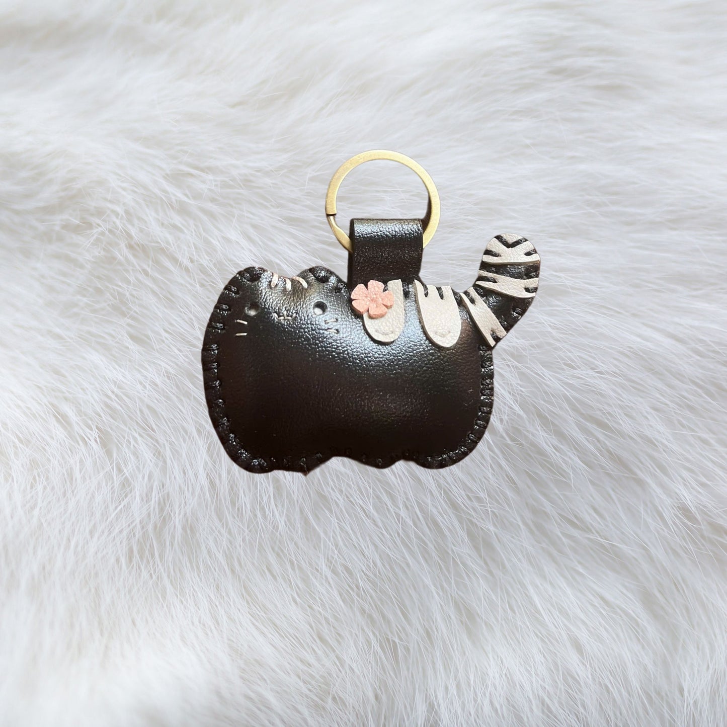 Handmade Leather Cat Keychain with flower