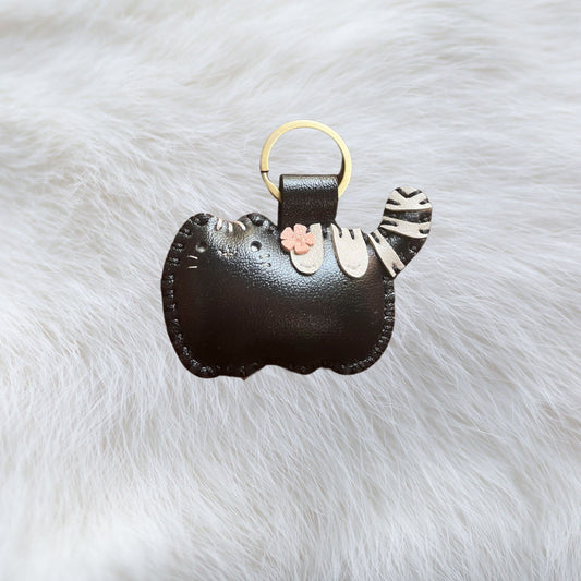 Handmade Leather Cat Keychain with flower